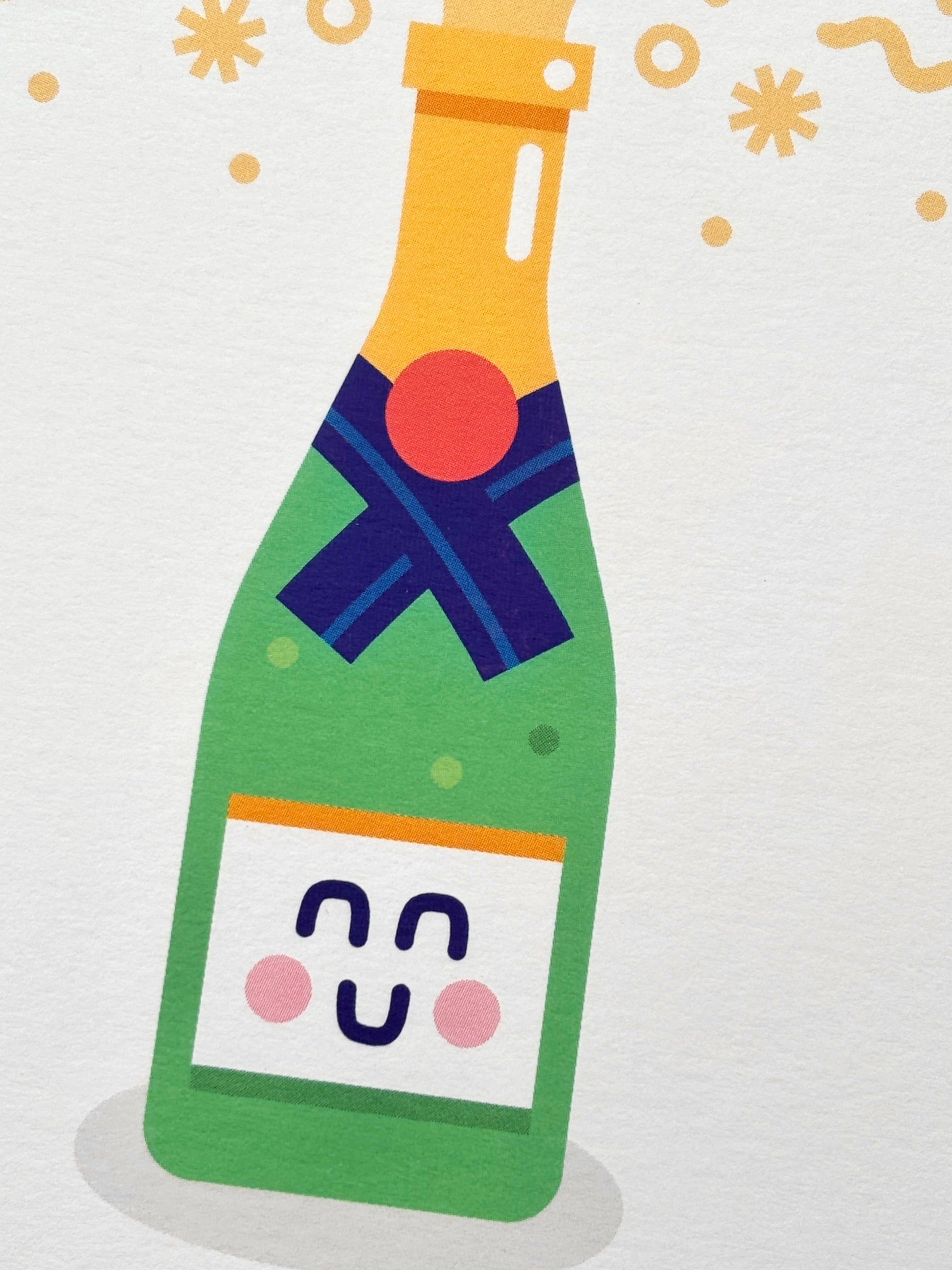 closeup shot of celebration card with smiling champagne bottle—funny, bubbly design for congratulations and party vibes