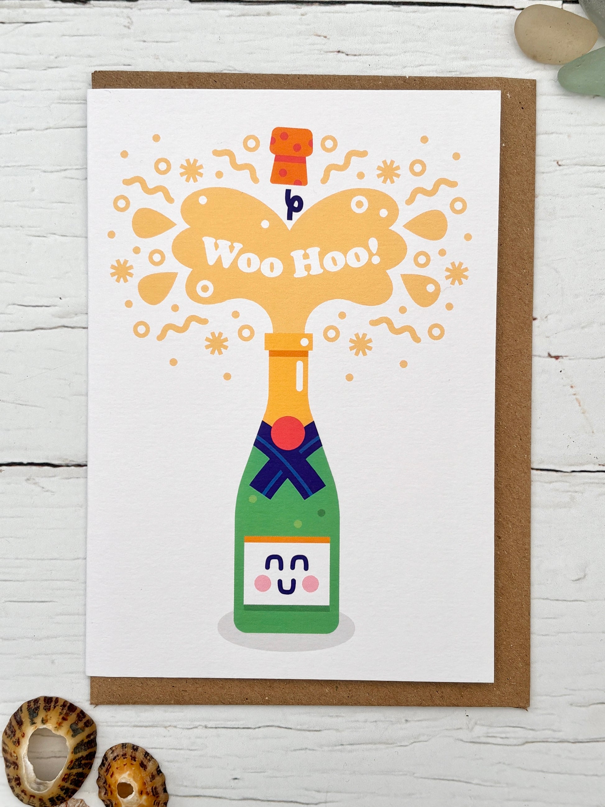 celebration card with champagne bottle and “Woo Hoo!” burst—funny, bubbly design for congratulations and happy moments