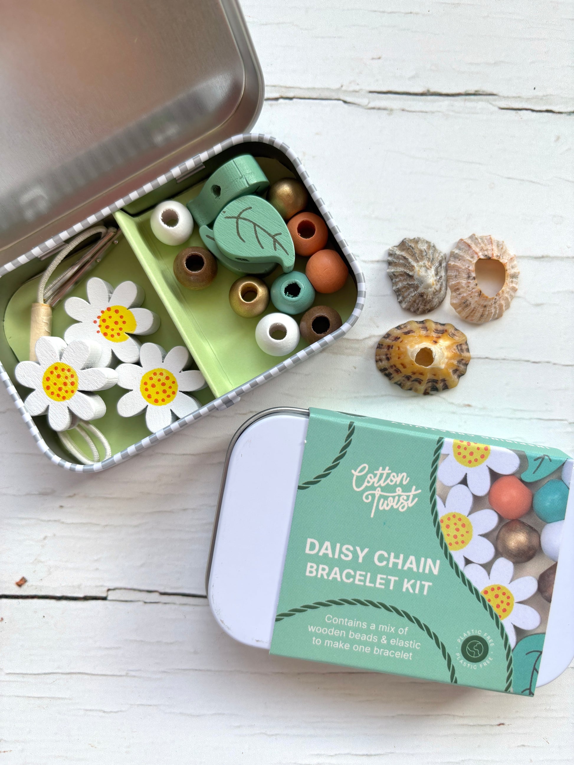 daisy chain bracelet kit in tin—wooden beads, elastic, and floral accents for fun, eco-friendly DIY jewelry making