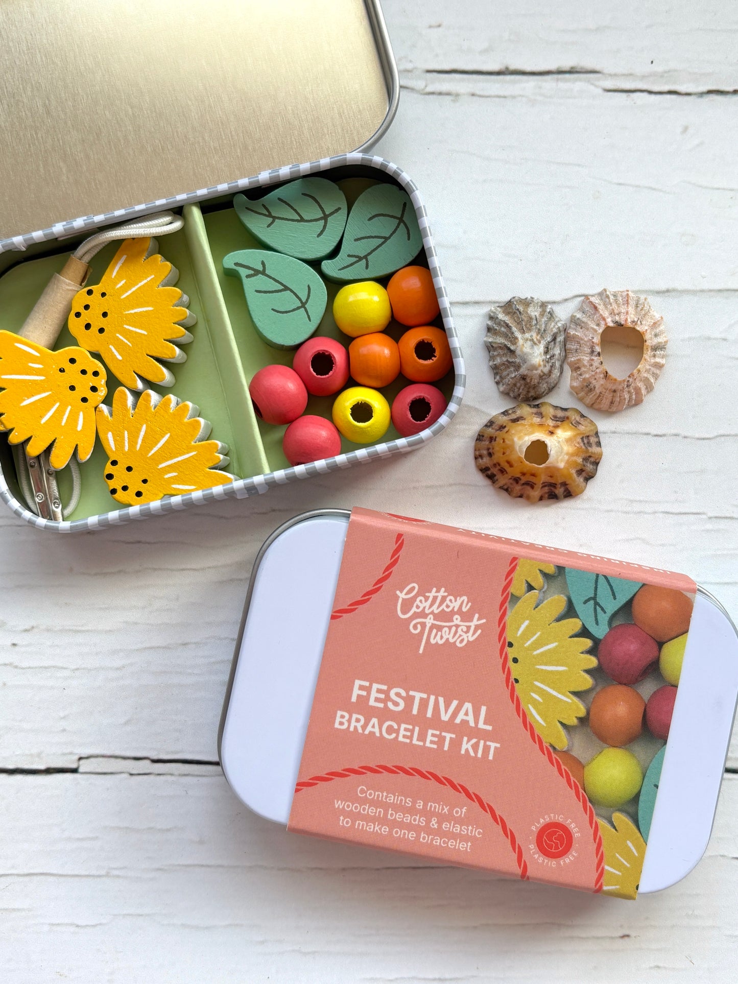 wooden bead bracelet making kit in reusable tin, colourful festival craft set for kids, eco-friendly DIY jewellery gift