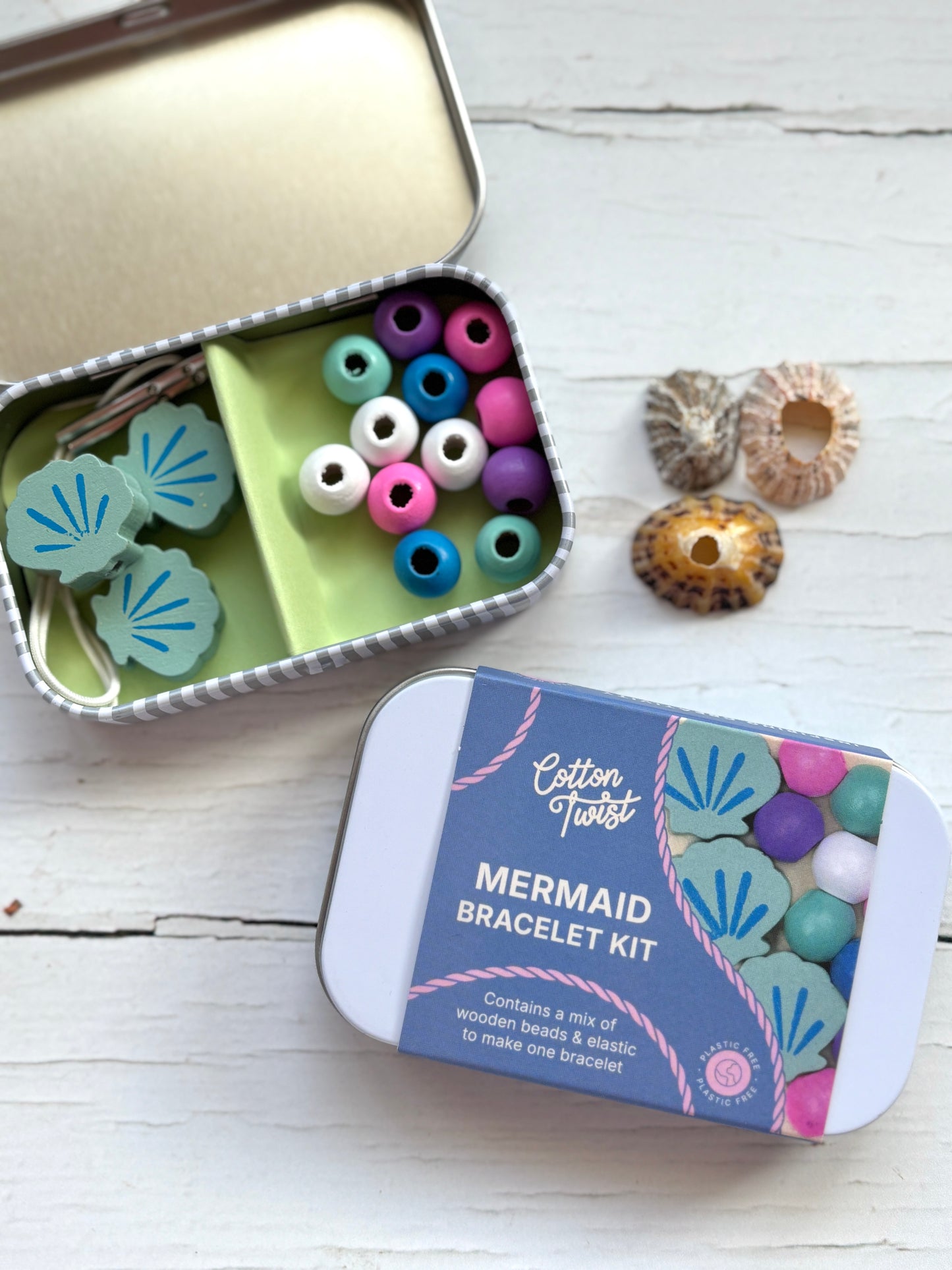 mermaid wooden bead bracelet making kit in reusable tin, colourful kids craft set, eco-friendly DIY jewellery gift