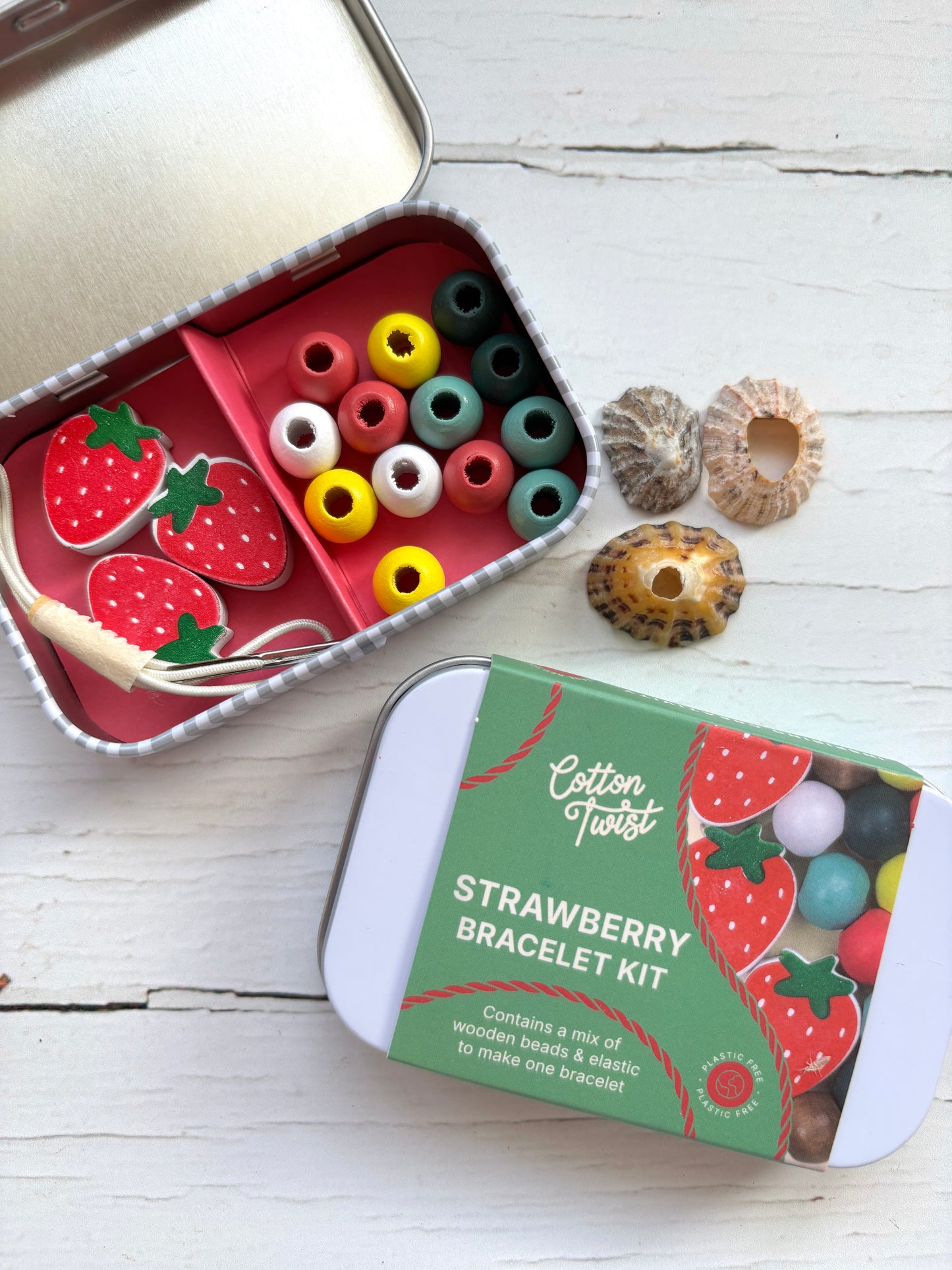 strawberry bracelet kit tin - wooden beads with red strawberry charms & elastic cord kids jewelry craft set