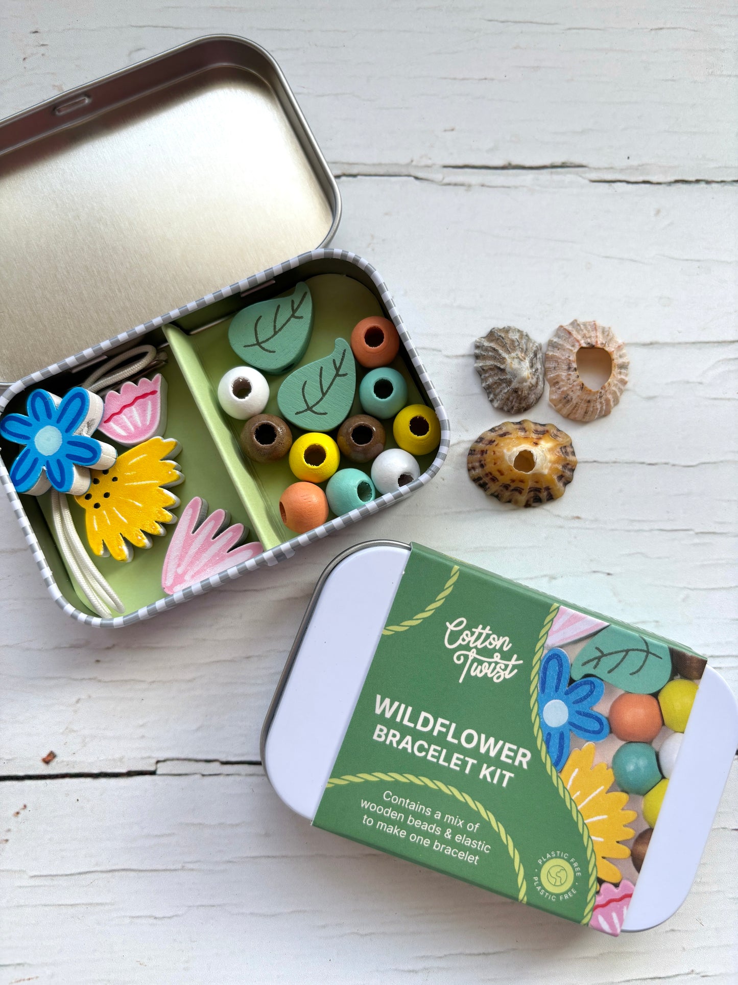 wildflower bracelet kit tin - wooden beads elastic with leaf & floral charms kids craft jewelry making set