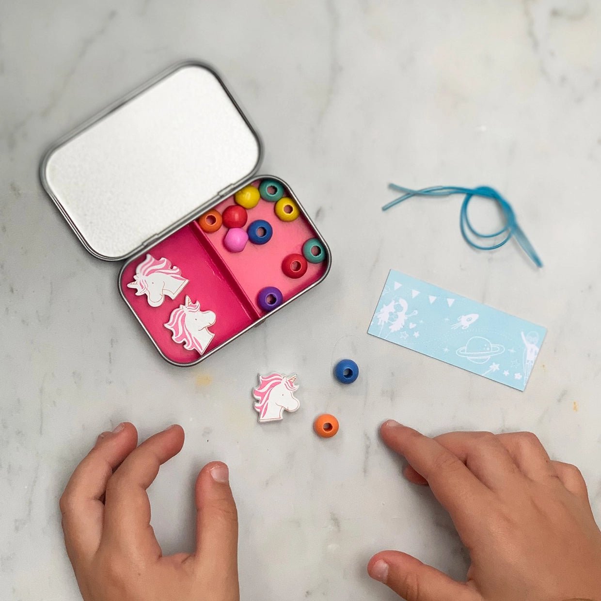 unicorn wooden bead bracelet kit. DIY jewelry craft for kids bright beads and charms, great party bag filler