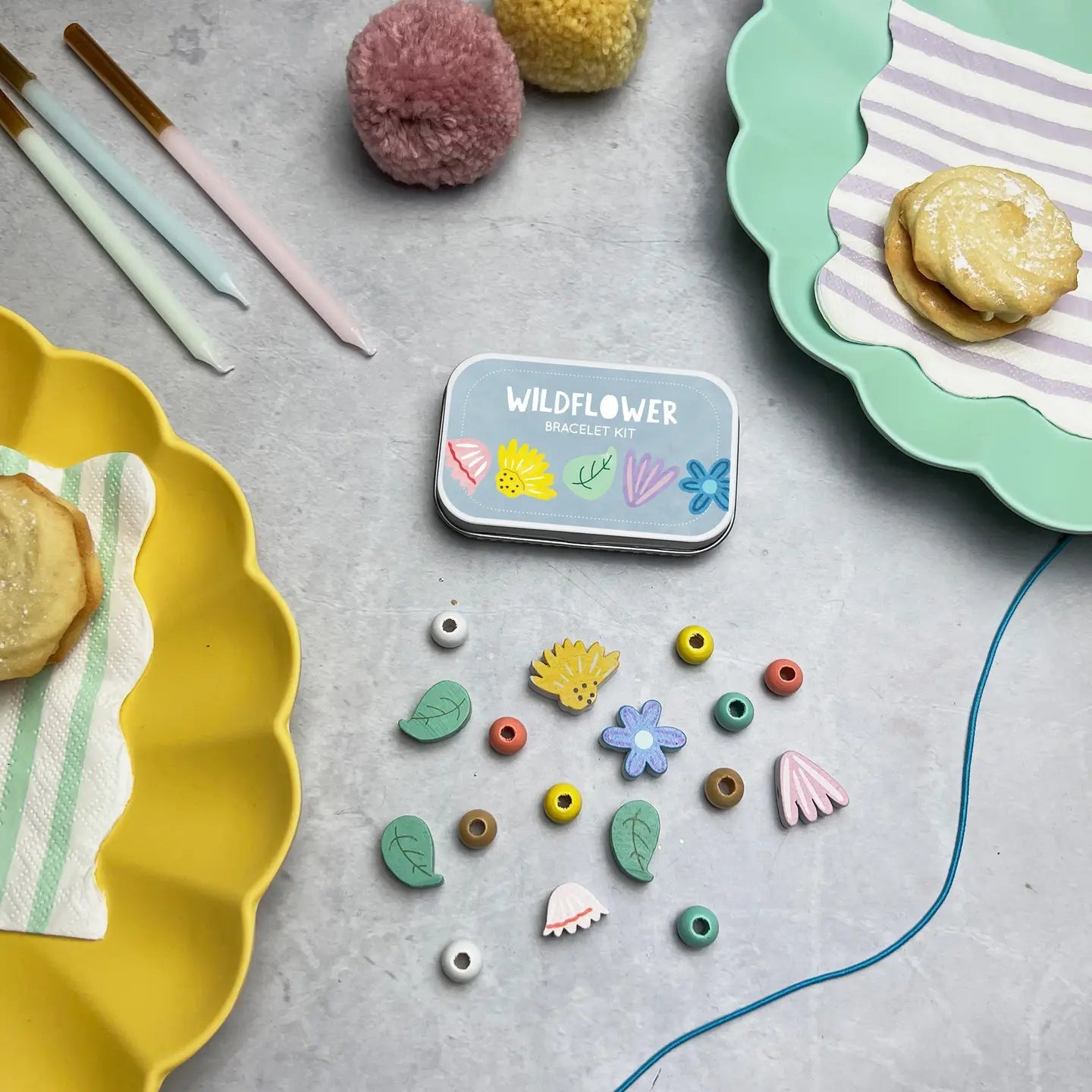 wildflower wooden bead bracelet kit fun DIY craft jewelry for kids pastel colors, flower & leaf shapes, party gift