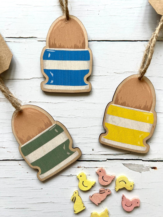 wooden easter egg ornaments hand-painted striped egg cup hanging decor for festive spring home styling