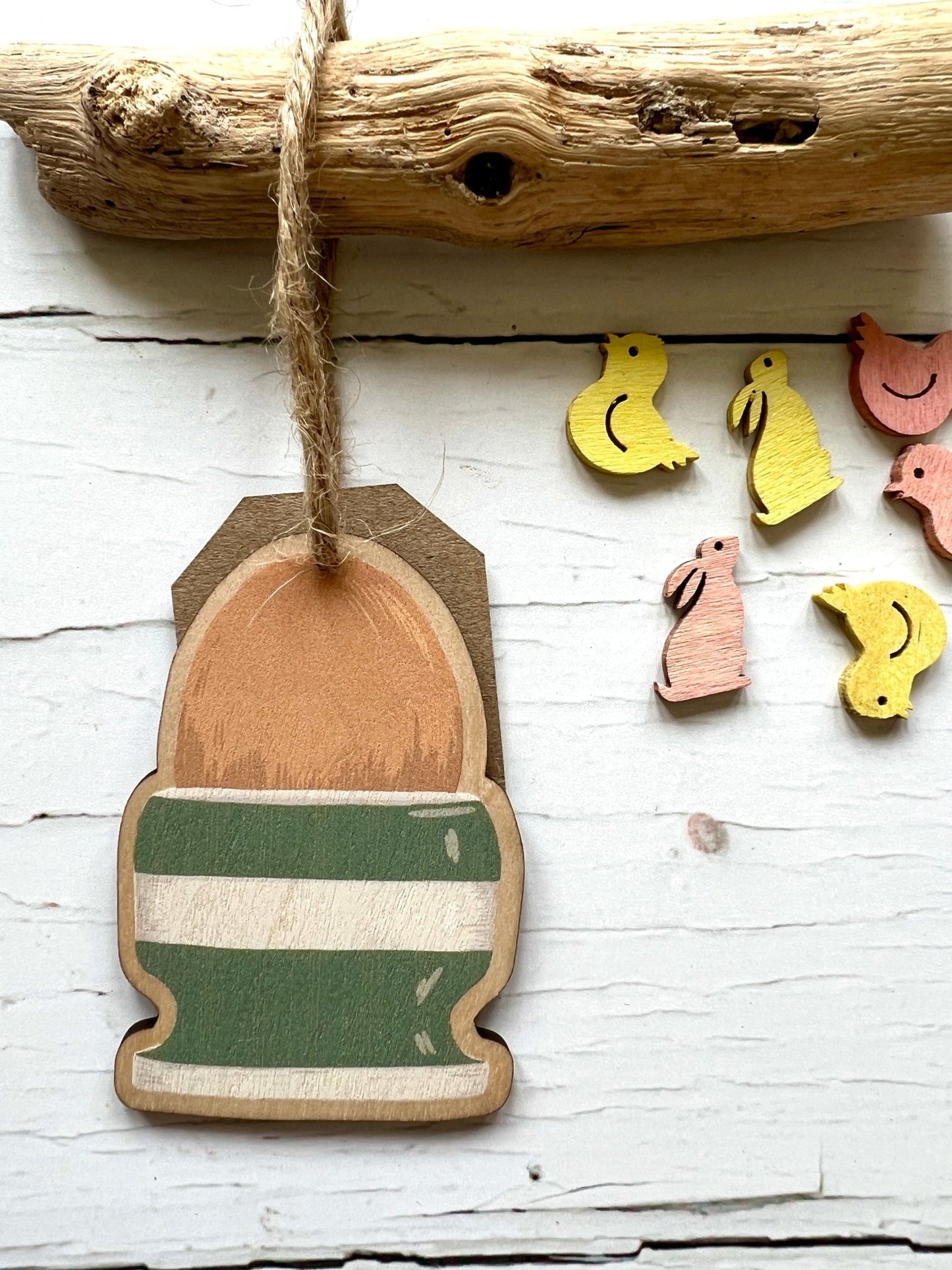 sage green wooden egg ornament hand-painted striped hanging decoration for festive spring home decor