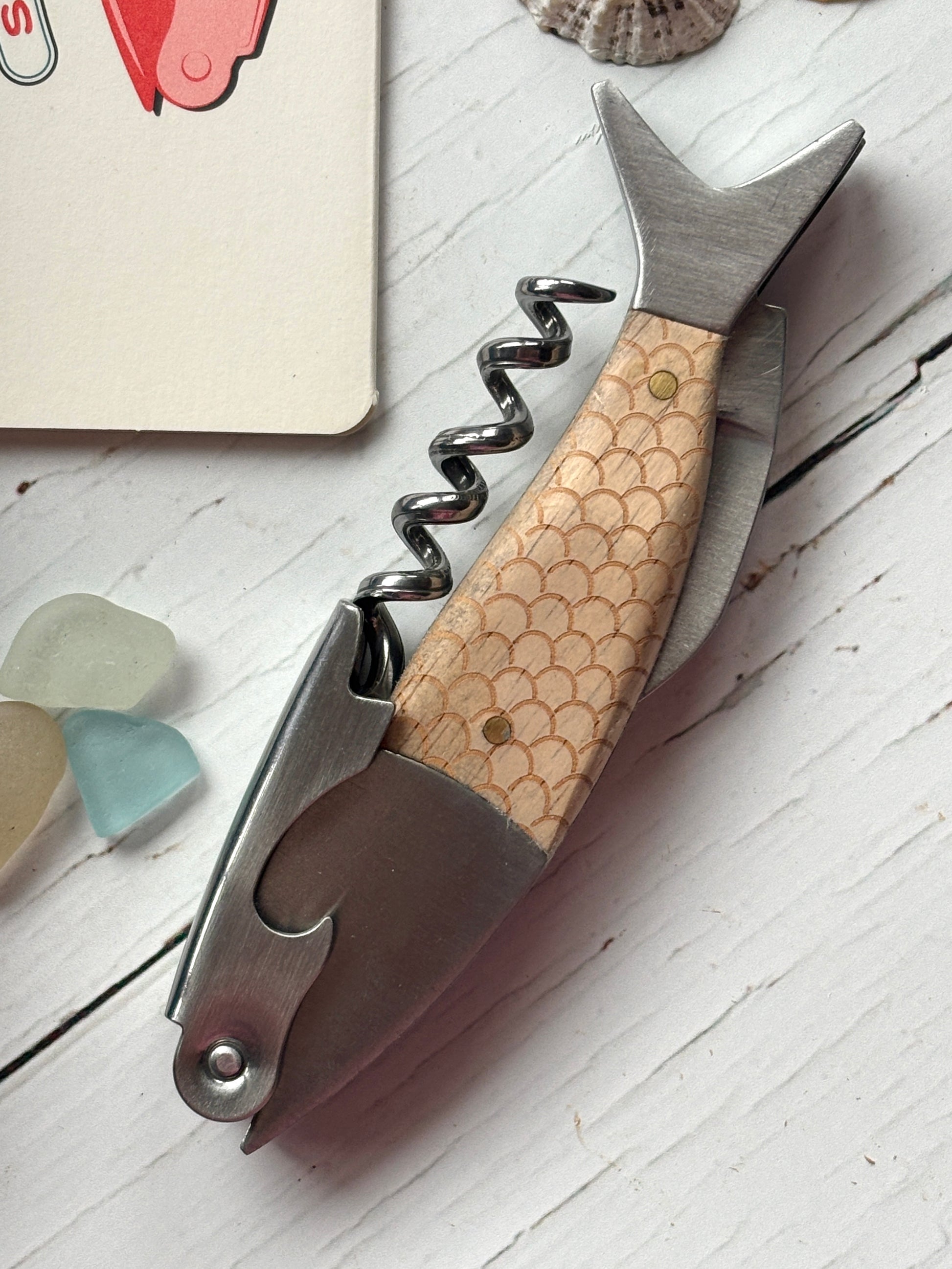 wooden fish corkscrew with engraved scale texture, stainless steel bottle opener and wine tool, nautical barware