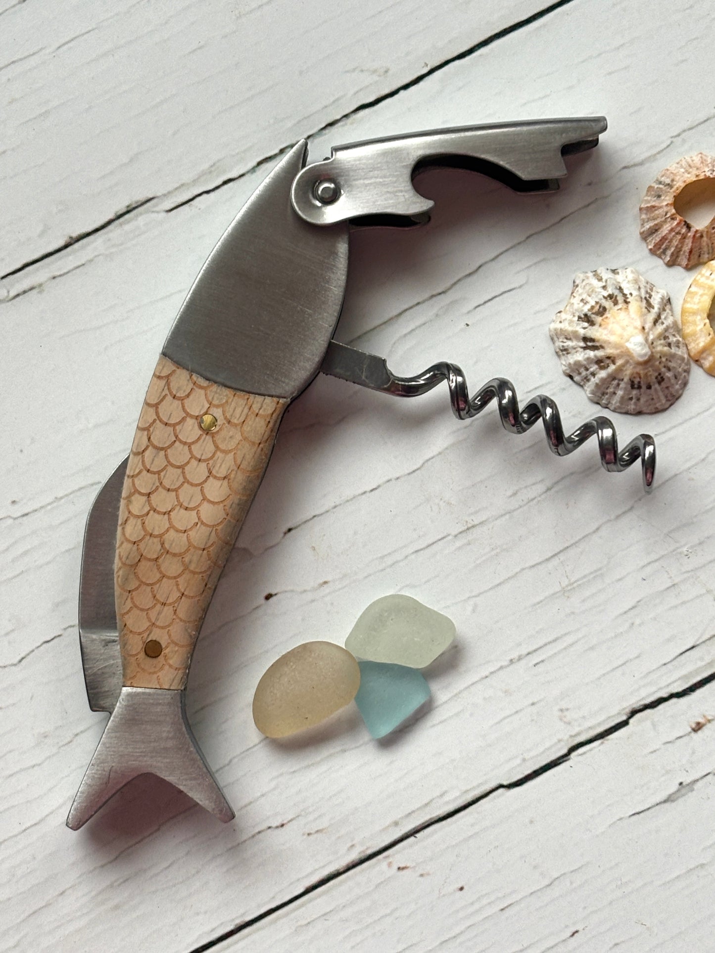 fish-shaped wooden corkscrew bottle opener with sea glass, engraved scale pattern, nautical wine accessory gift