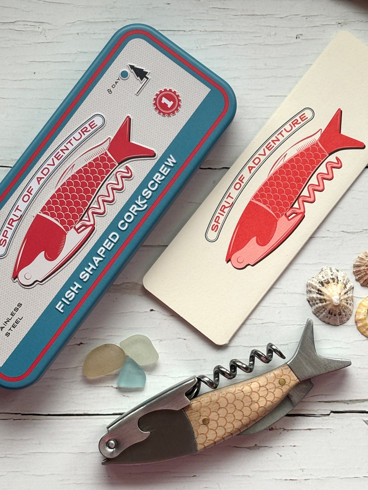 fish-shaped wooden corkscrew bottle opener with vintage tin case, nautical bar tool spirit of adventure design