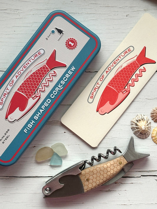fish-shaped wooden corkscrew bottle opener with vintage tin case, nautical bar tool spirit of adventure design