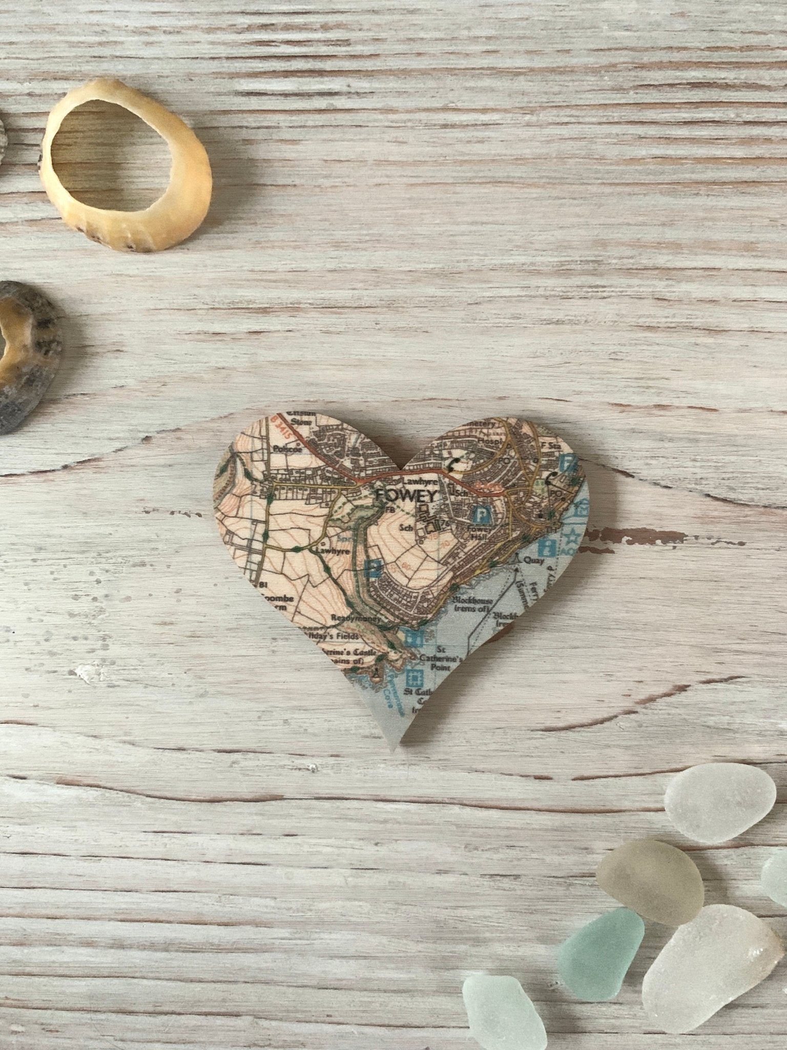 fowey map heart magnet handcrafted wooden Cornish souvenir vintage map design for coastal home decor