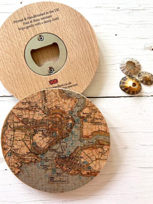 Wooden Fowey Map Bottle Opener Coaster - Readymoney Beach Shop