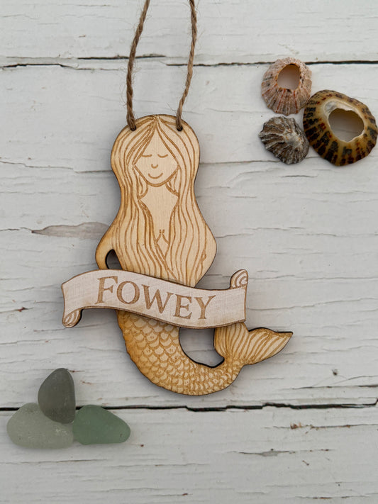 handcrafted wooden mermaid ornament with “Fowey” banner, coastal decor with seashells and sea glass accents