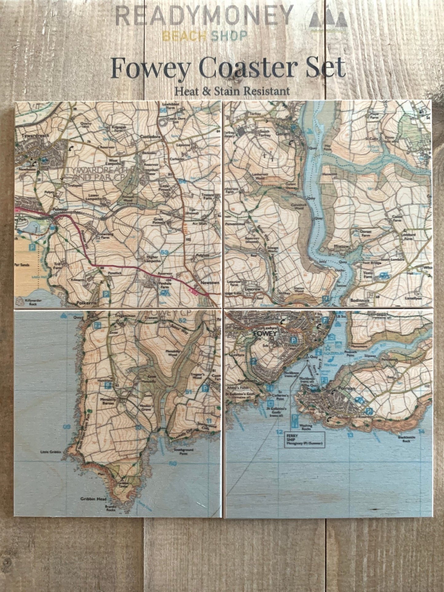 Wooden Map of Fowey Coasters - Set of 4 - Readymoney Beach Shop