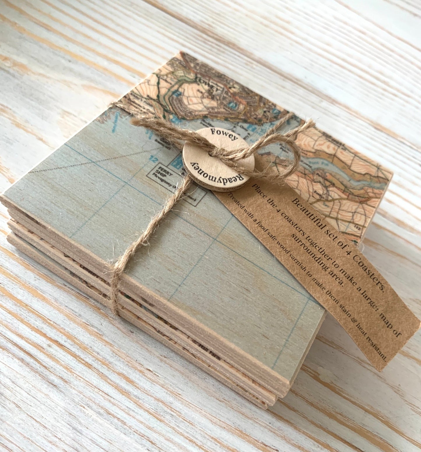 Wooden Map of Fowey Coasters - Set of 4 - Readymoney Beach Shop