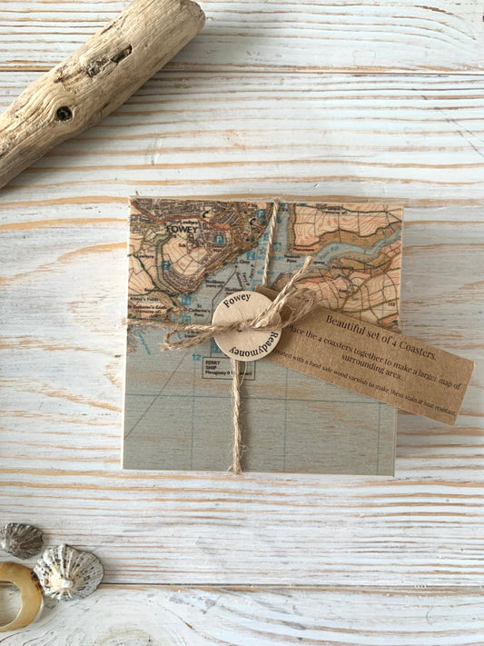 Wooden Map of Fowey Coasters - Set of 4 - Readymoney Beach Shop