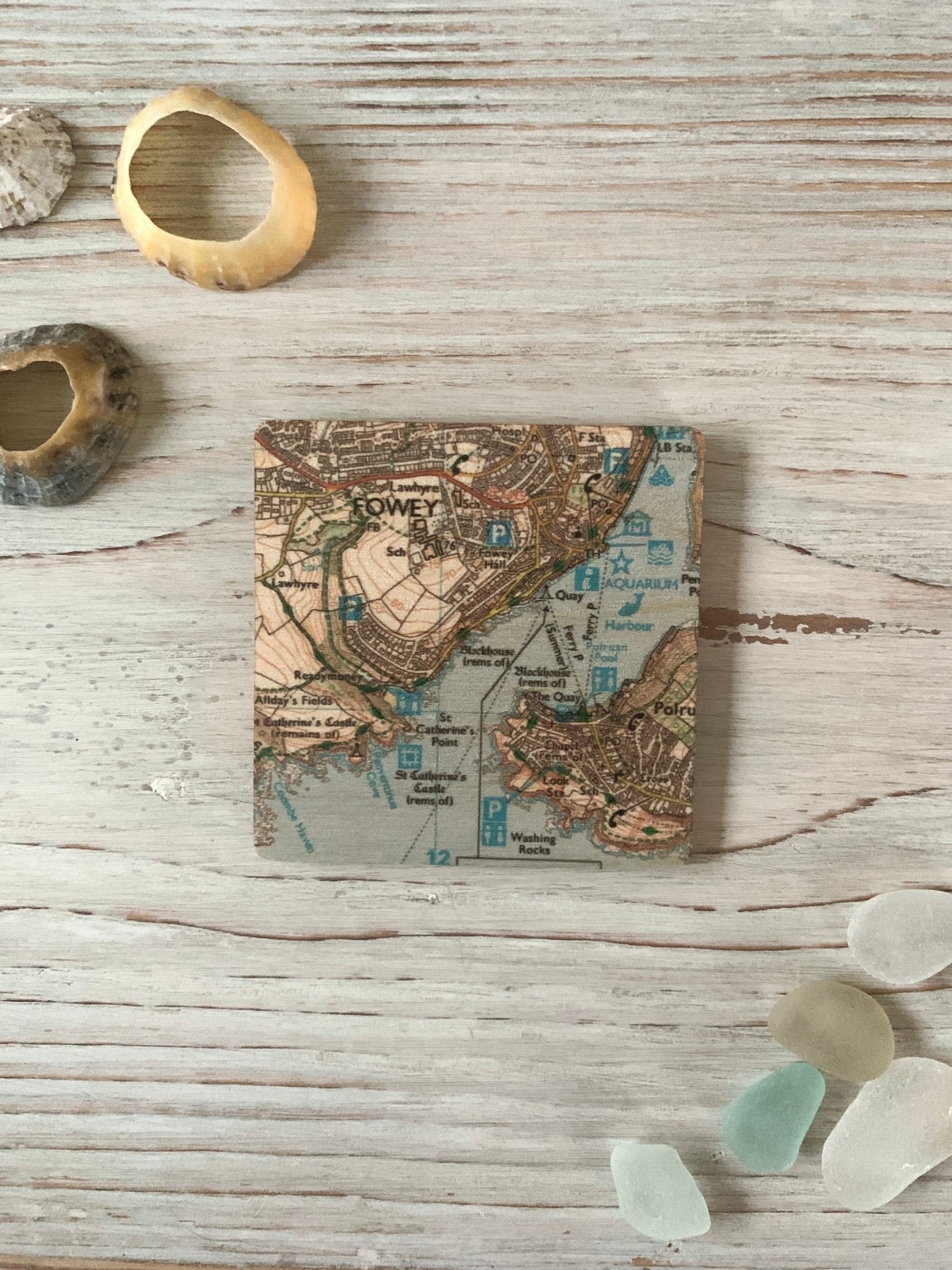 vintage-style wooden Fowey map magnet, square coastal decor with labeled landmarks for nautical-themed display
