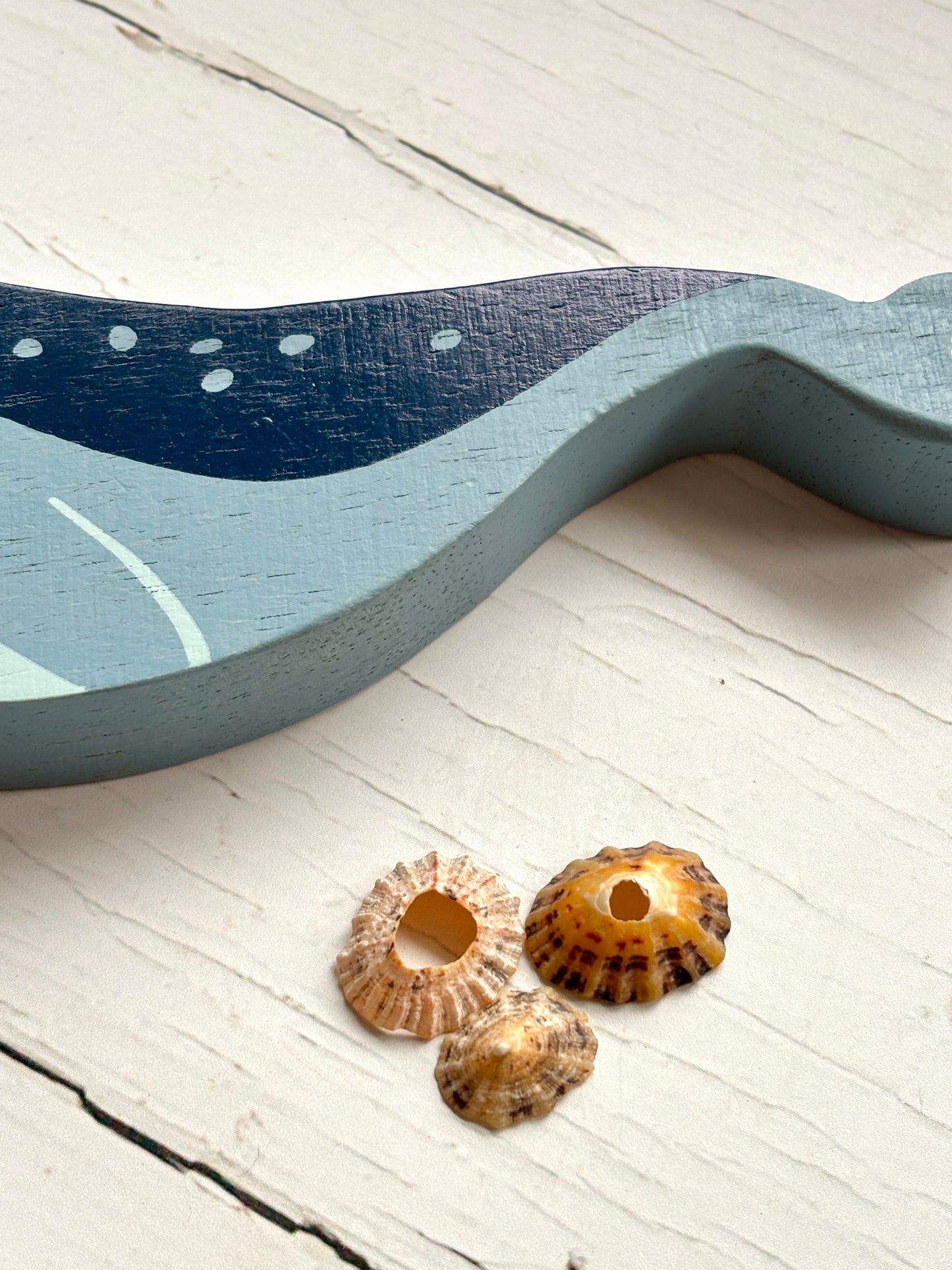 closeup shot of wooden whale tail with blue and white accents, handcrafted coastal toy for nautical-themed decor