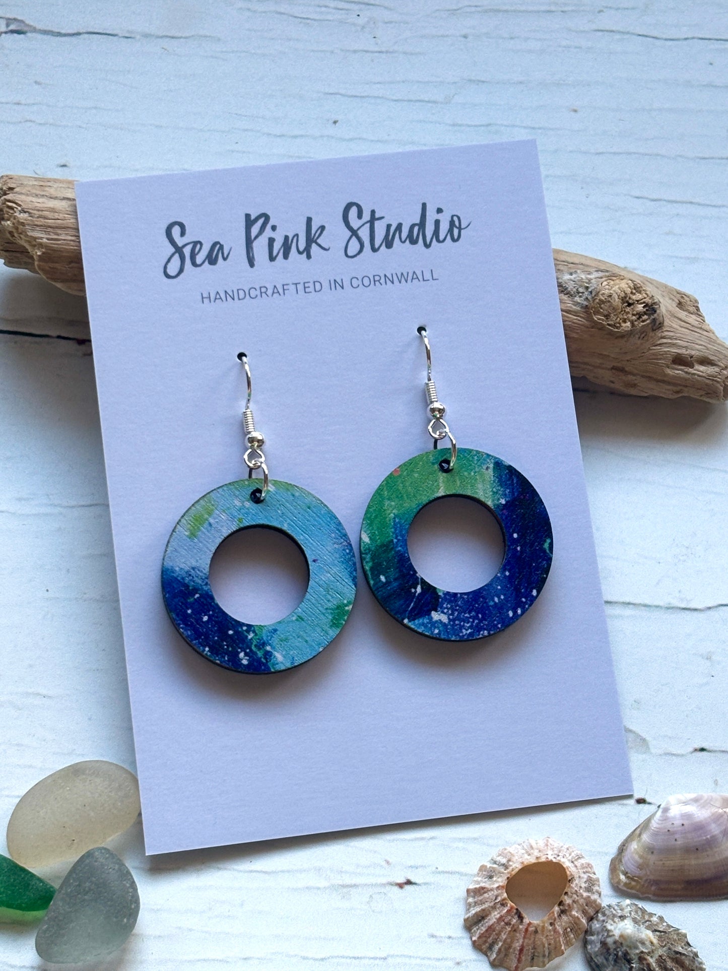 Handpainted Blue & Aqua Wooden Ring Earrings