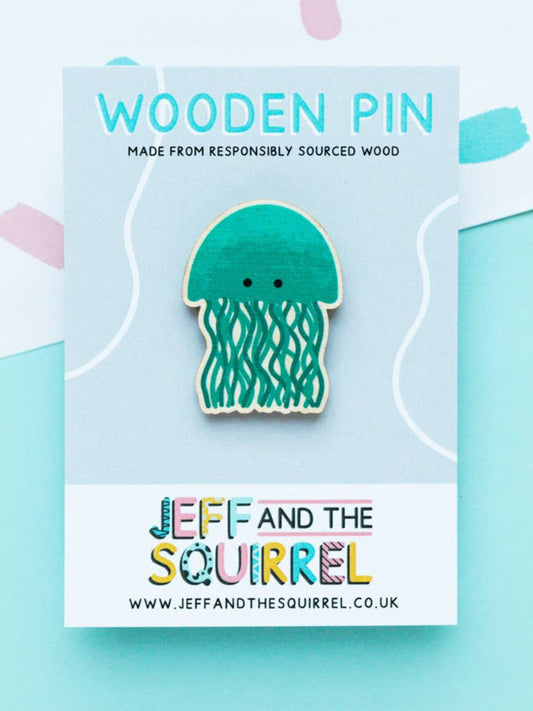 Green Jellyfish Wooden Pin Badge