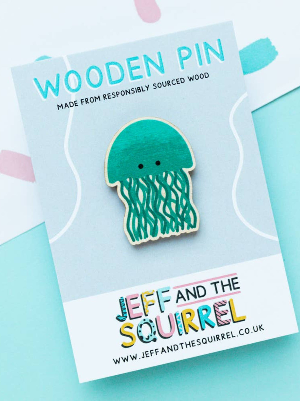 Green Jellyfish Wooden Pin Badge