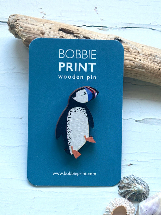 Wooden Puffin Pin Badge