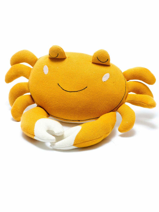 Crab Soft Toy, Knitted Tactile Organic Cotton in Mustard