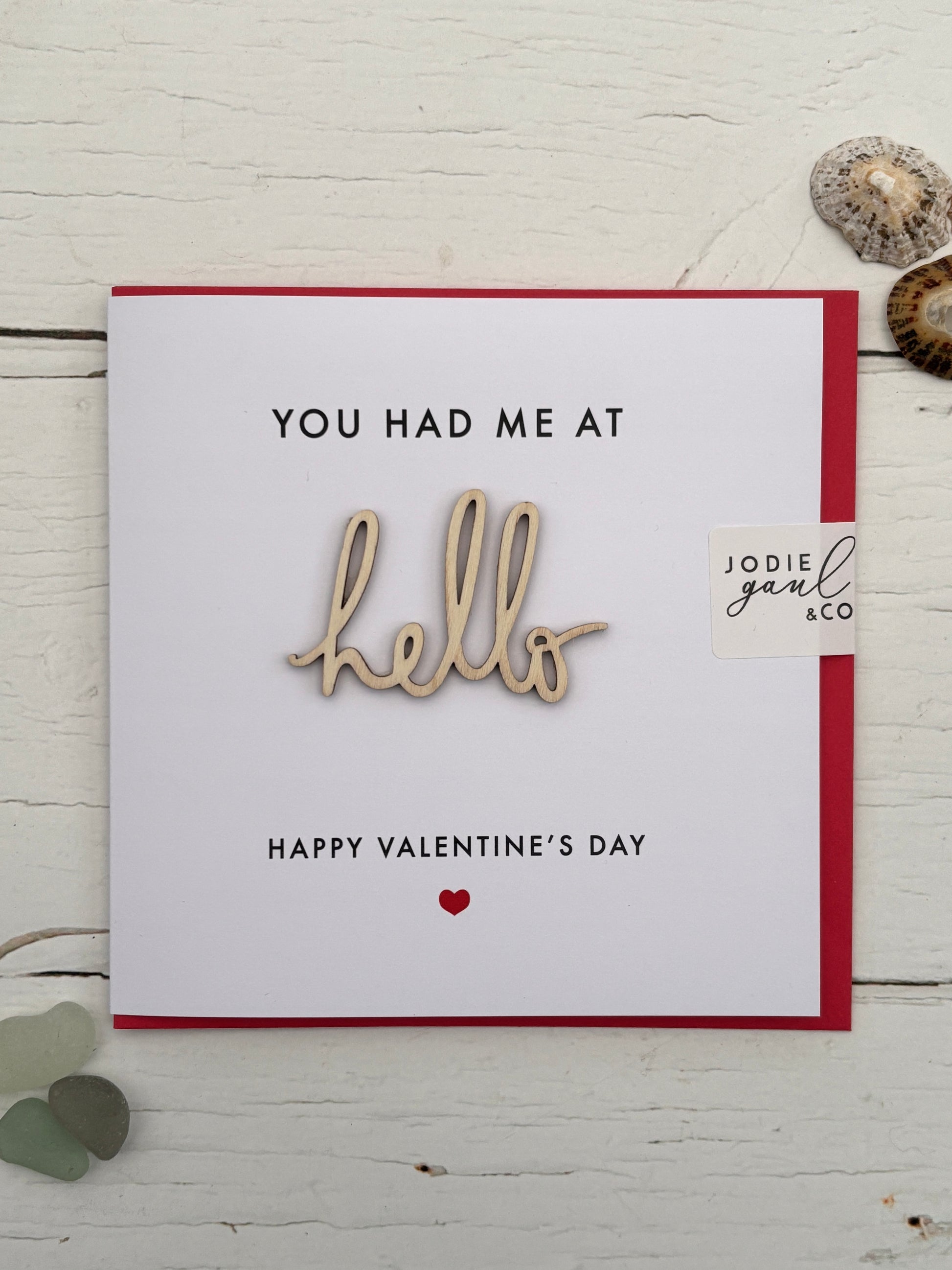 Valentine’s Day card with 3D wooden “hello” cutout, romantic red border design for heartfelt gifting
