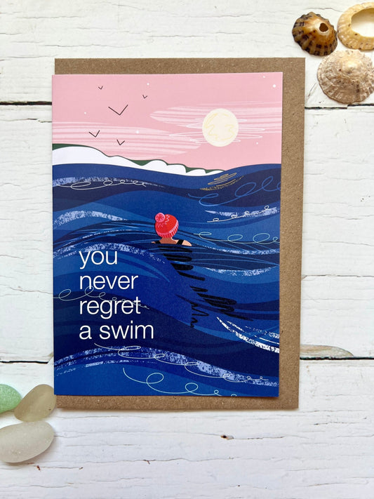 sea swimming greetings card with swimmer in waves, motivational coastal design for nature lovers and wild swim fans