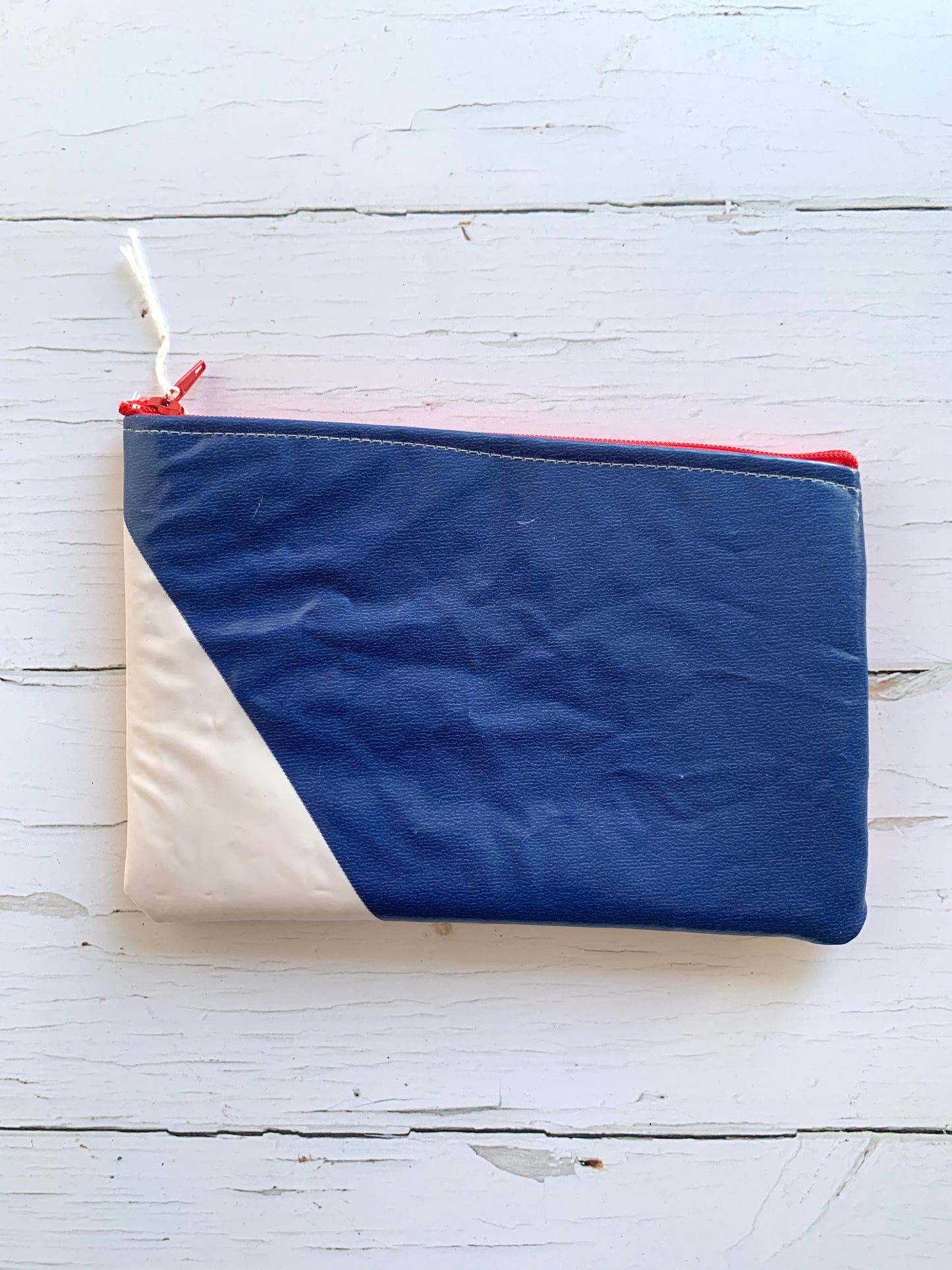 Wyatt & Jack upcycled inflatable zipped pouch - blue and white