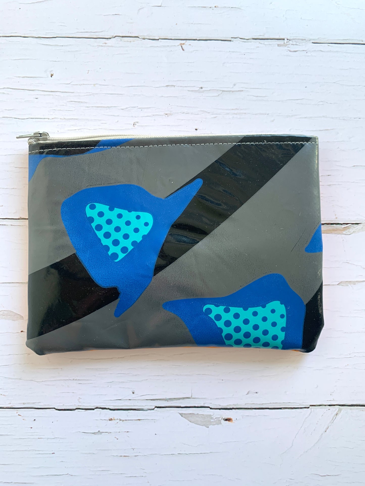 Wyatt & Jack upcycled inflatable zipped pouch - grey & blue