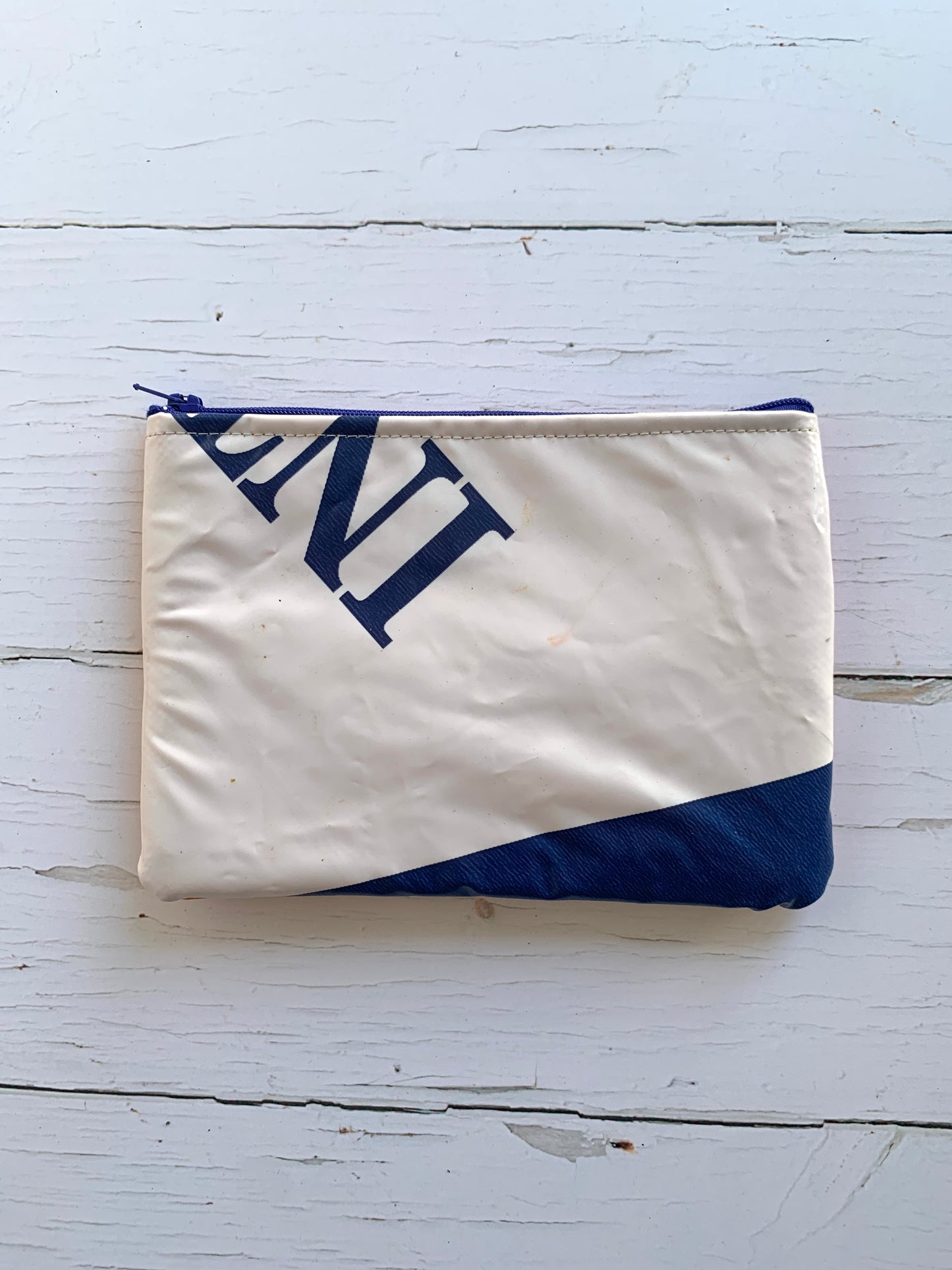 Wyatt & Jack upcycled inflatable zipped pouch - blue and white