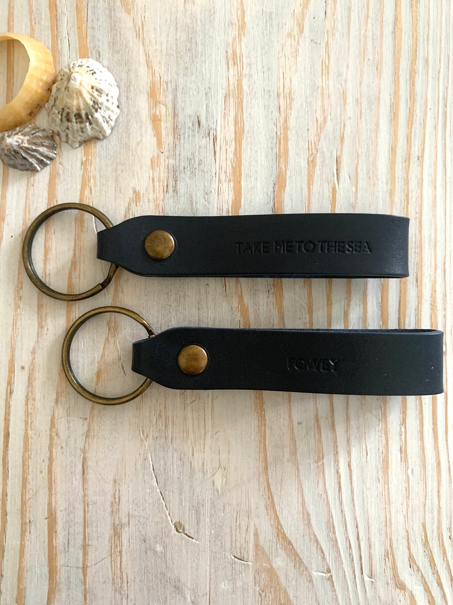 Handmade Stamped Leather Keyring: Fowey or Take Me To The Sea
