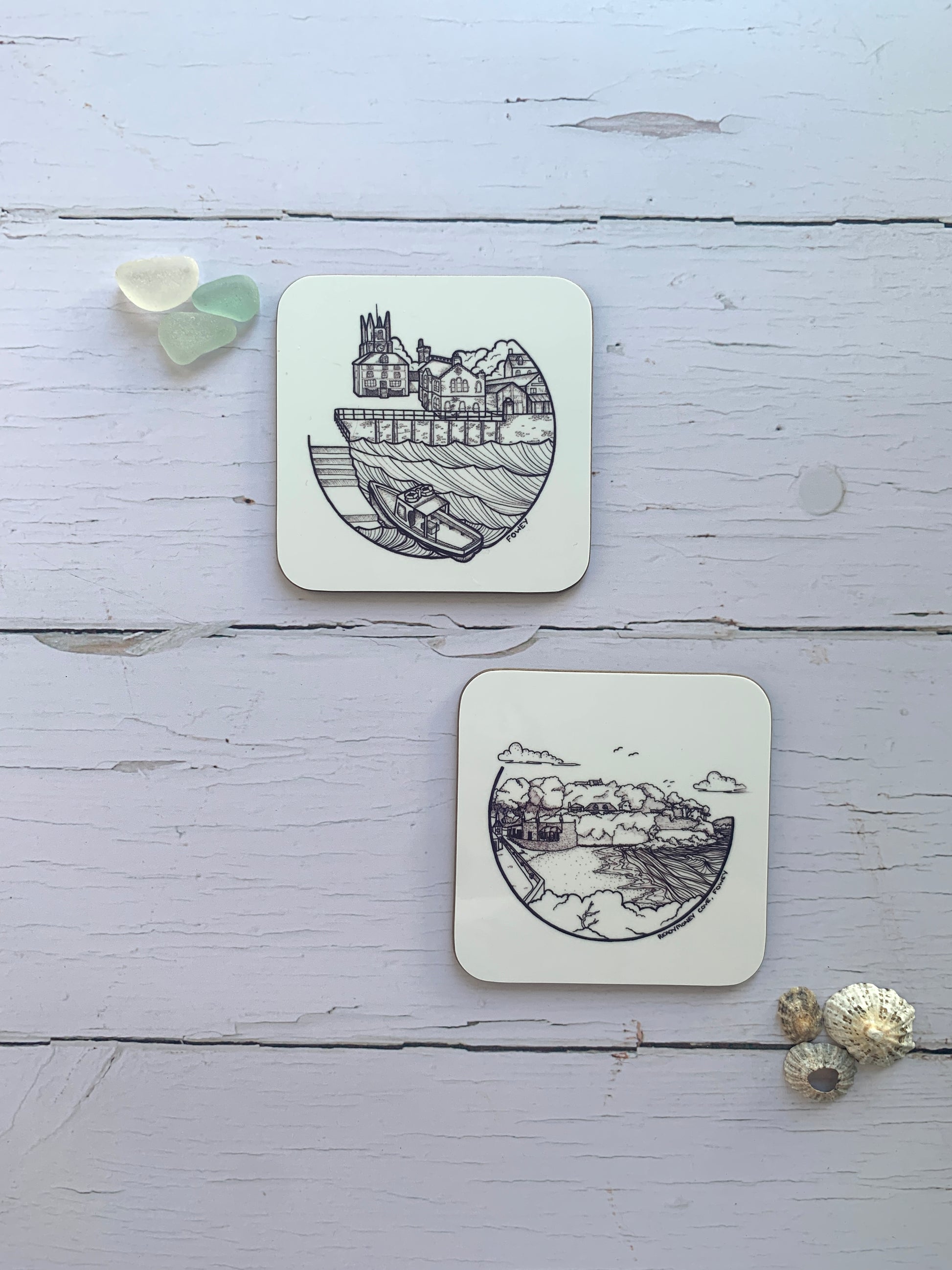 Two line drawing coasters with images of Fowey and Readymoney Cove