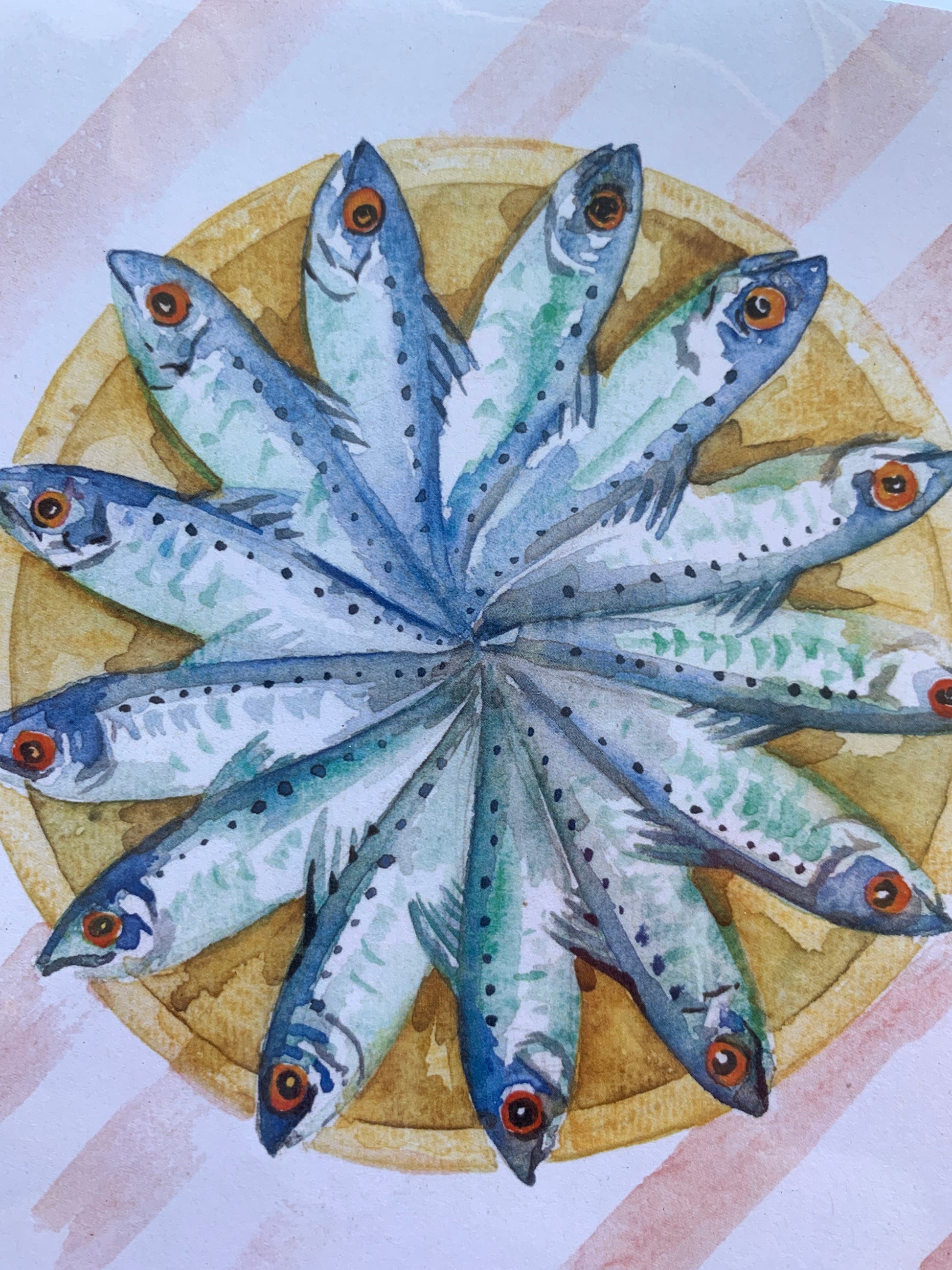 Close up of pilchards watercolour card