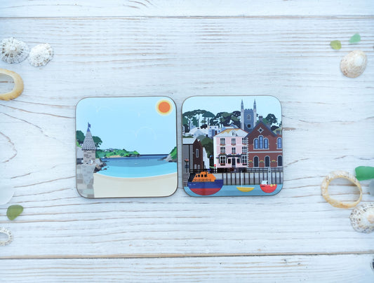 Two colourful coasters featuring Fowey's Town Quay & Readymoney Cove