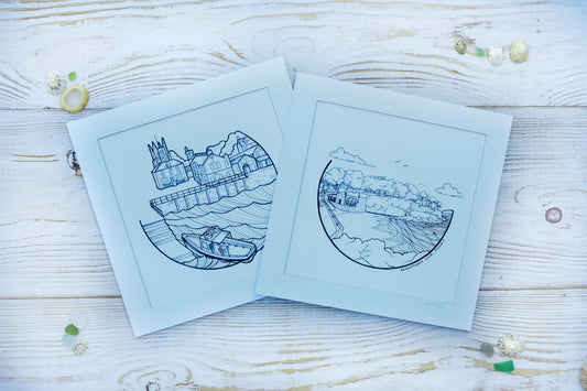Two mounted square prints of illustrations of Fowey and Readymoney Cove