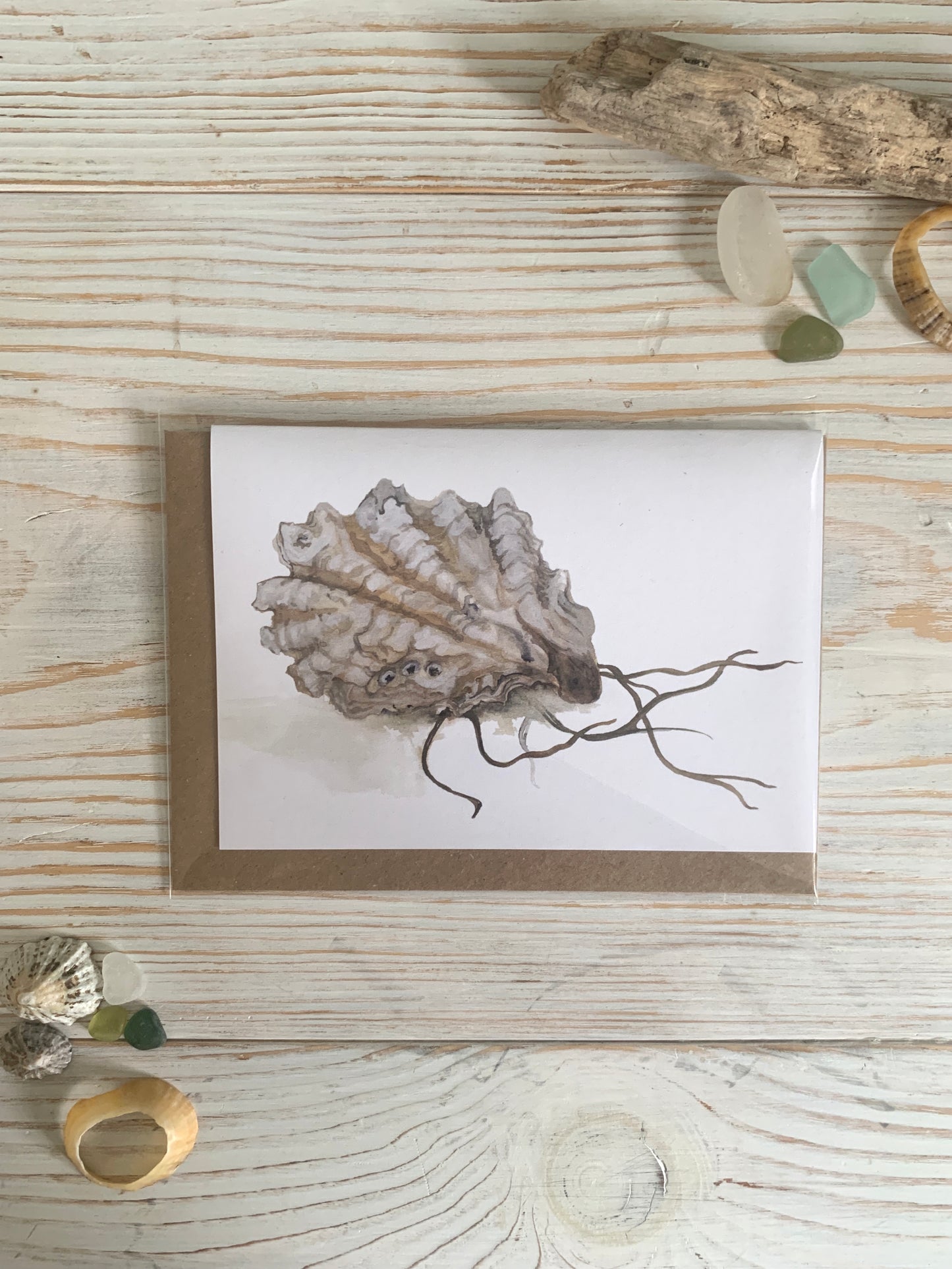 Card featuring watercolour of oyster