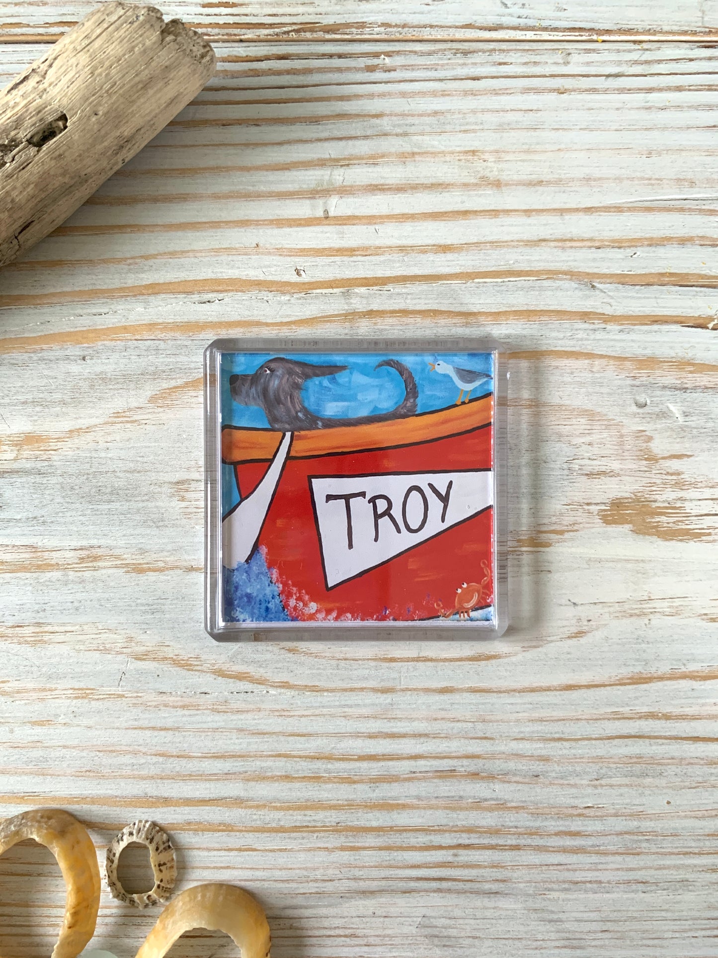 Fridge magnet depicting gig boat Troy
