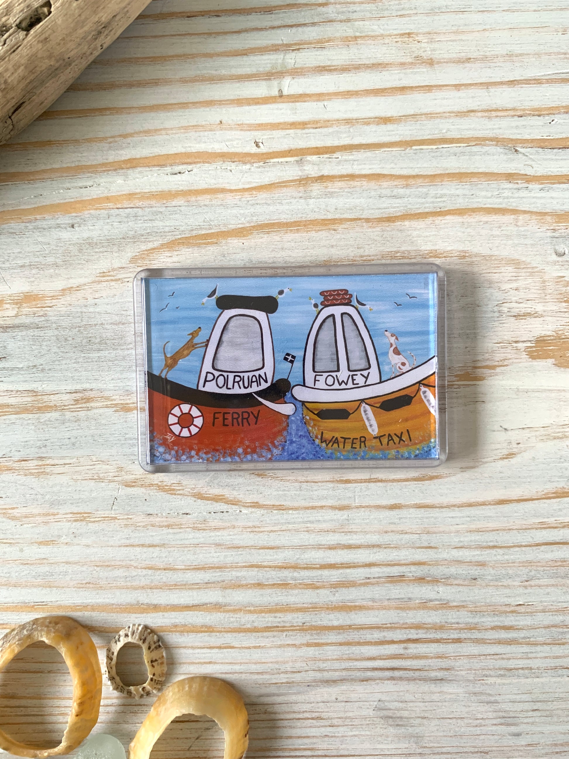 Fridge magnet depicting Fowey's water taxi & Polruan ferryxi