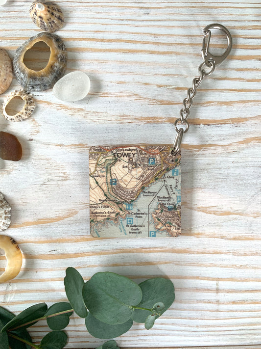 wooden map keyring of fowey and polruan