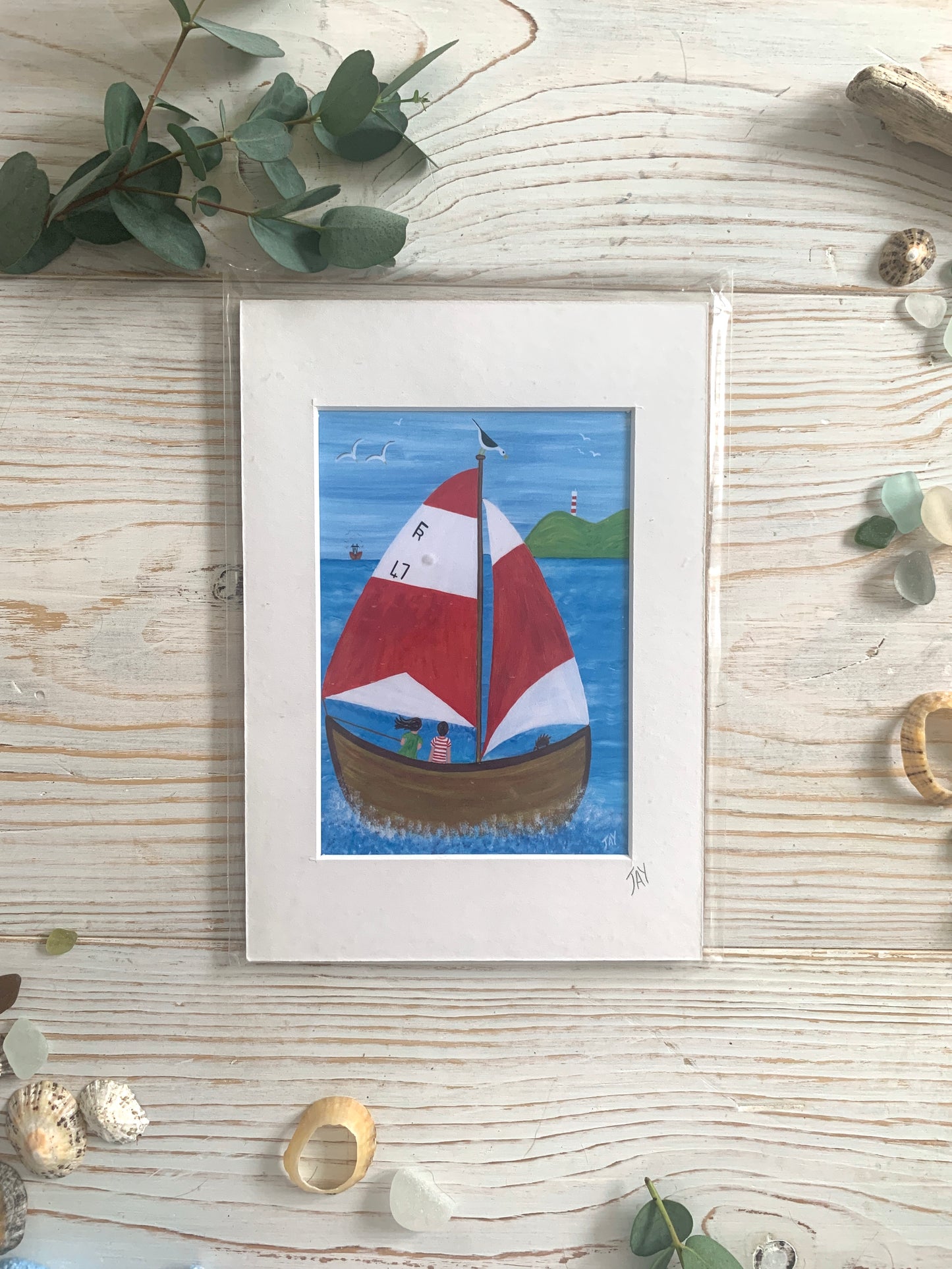 Mini mounted print of Fowey River sailing boat