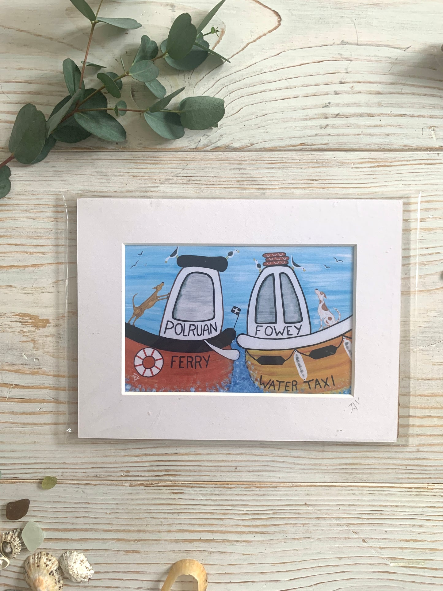 A mini mounted print of Polruan ferry & Fowey Water Taxi