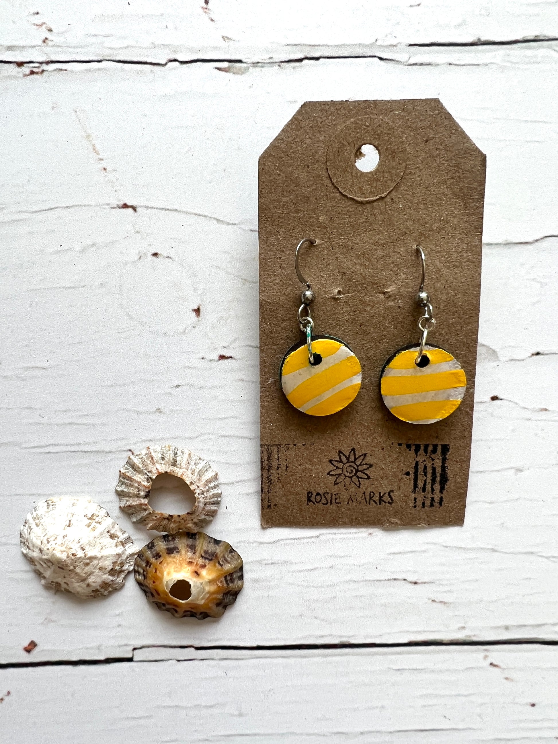 Small yellow hand painted wood & resin cornish stripe earrings