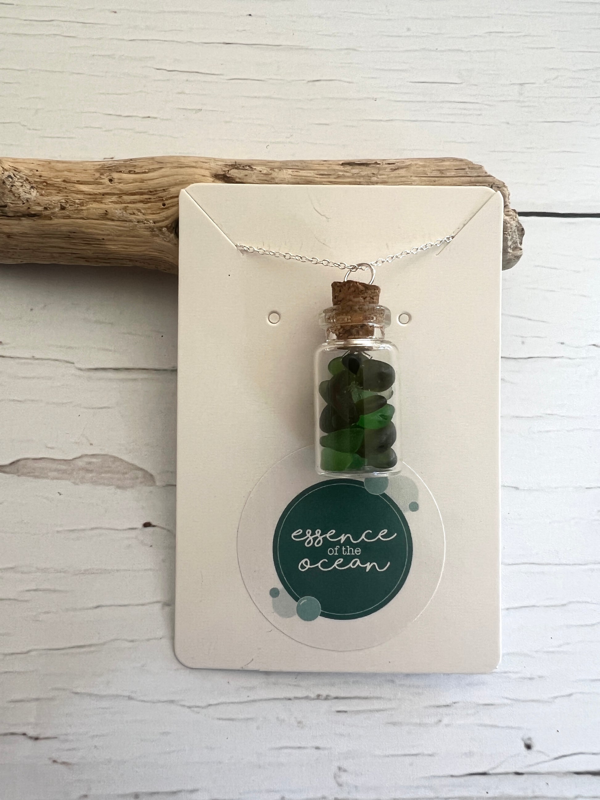 Cornish seaglass in a bottle necklace, green