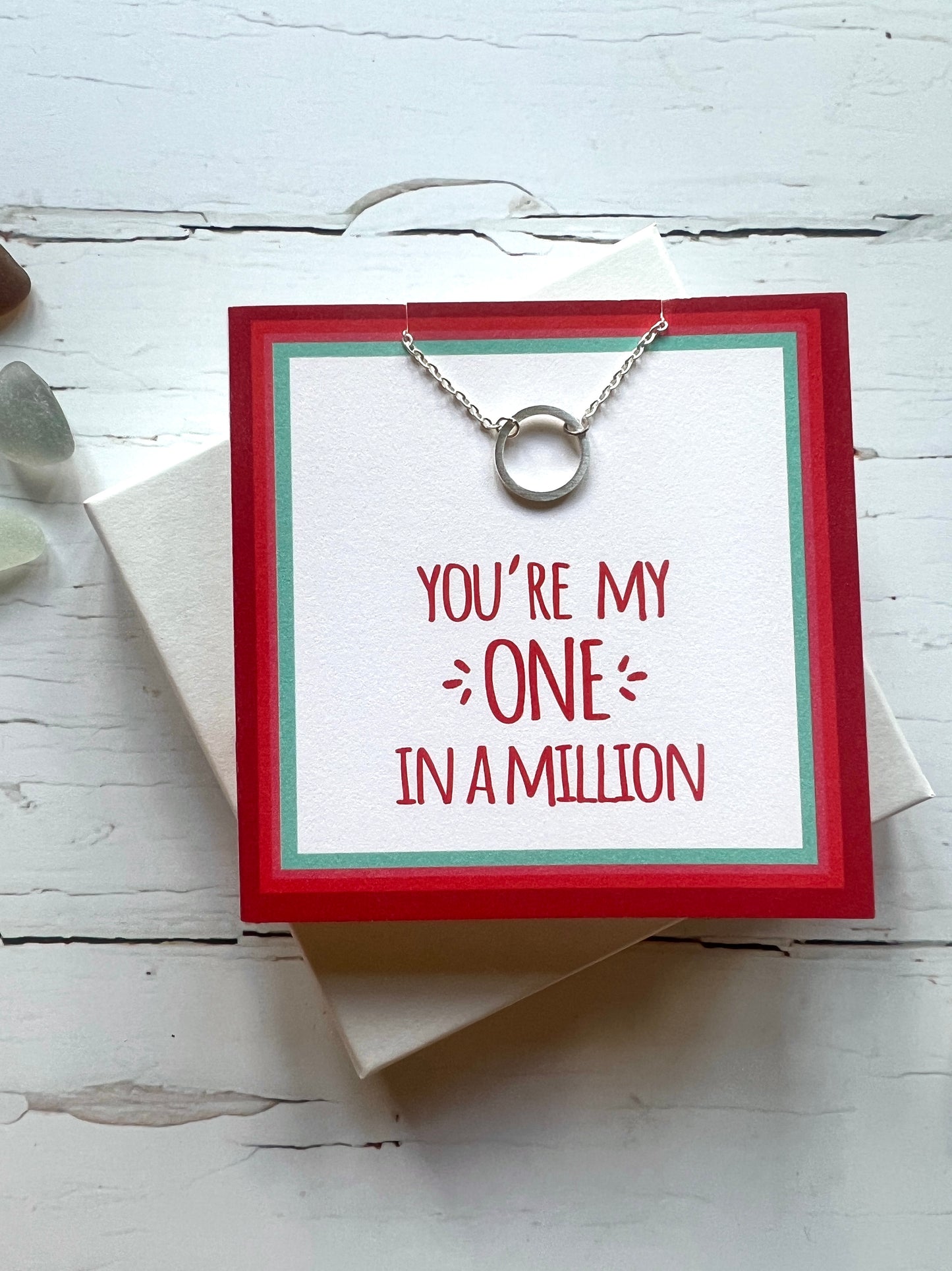 A flat silver ring pendant on a silver chain  mounted on a greetings card which says You're My One in a Million