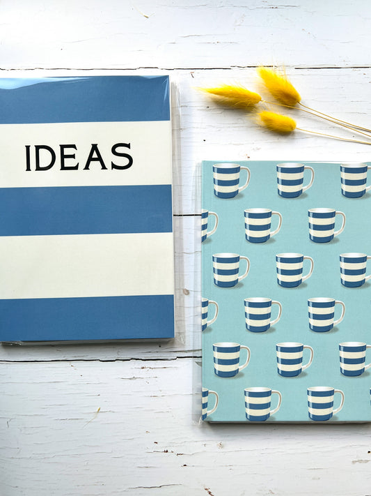 Cornish stripes notebooks: blue & white ideas, & Cornishware mugs