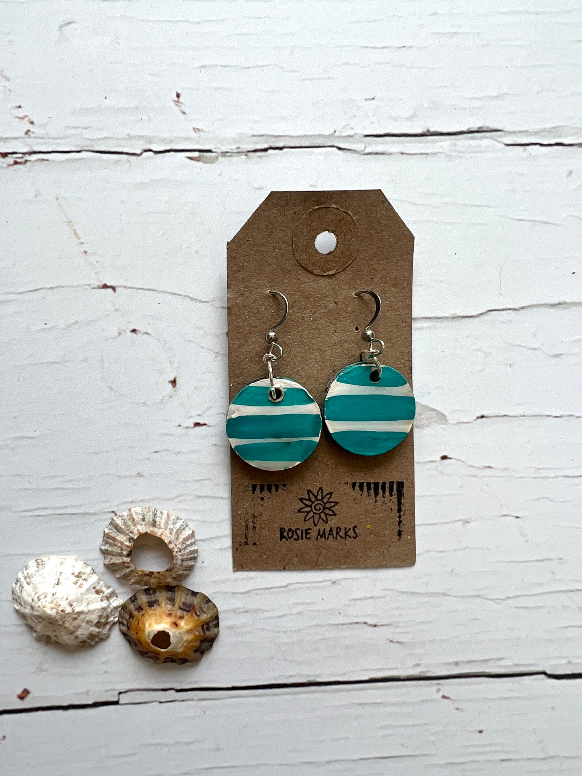 Small turquoise Hand painted wood & resin cornish stripe earrings