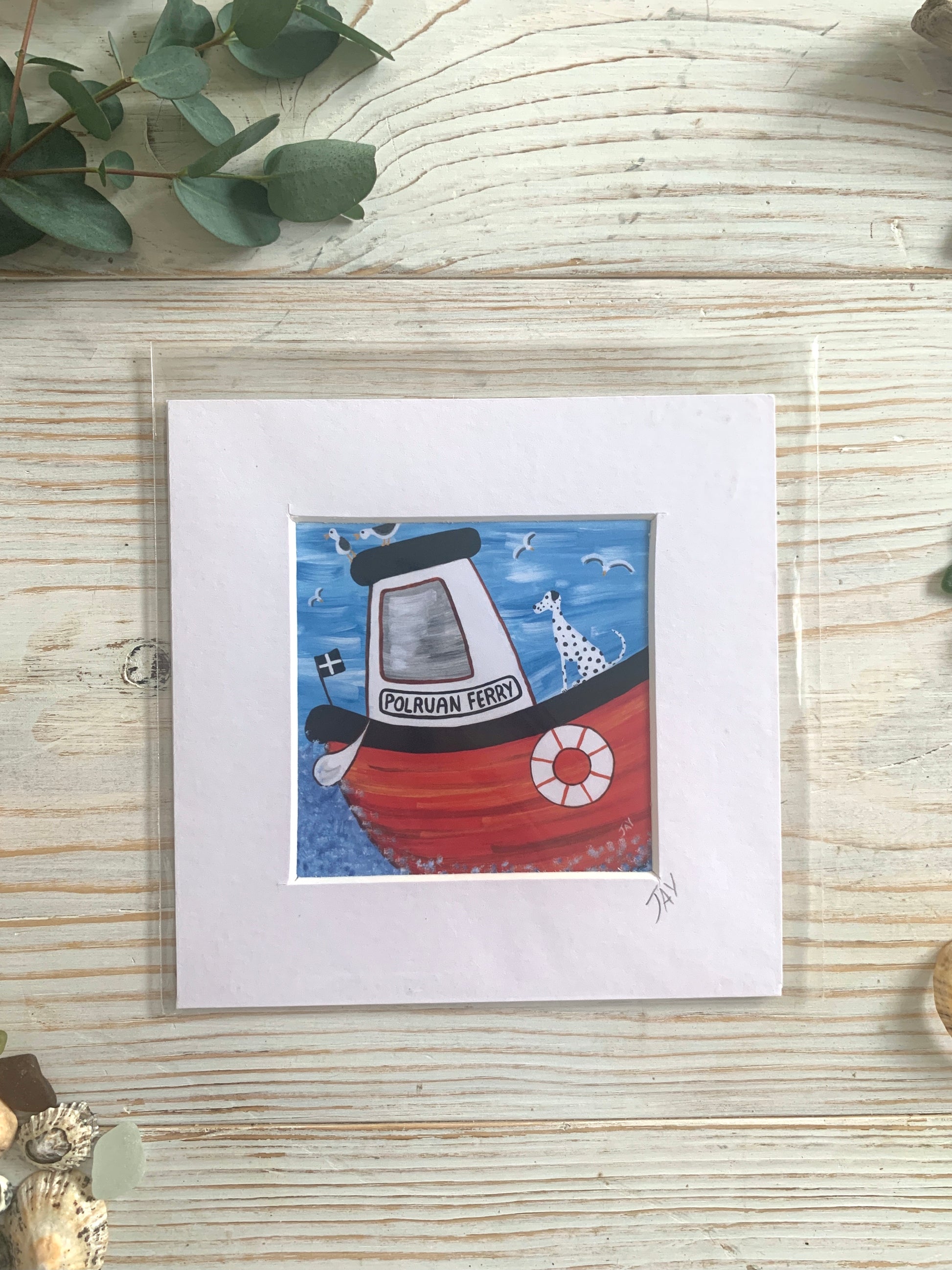 Mini mounted print of a spotty dog on the Polruan Ferry
